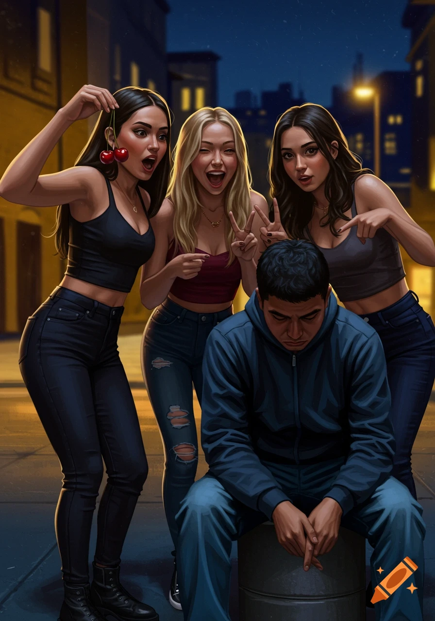 Three smiling young women, one holding cherries, stand around a dejected young man sitting on a barrel at night in a city street, digital art.
