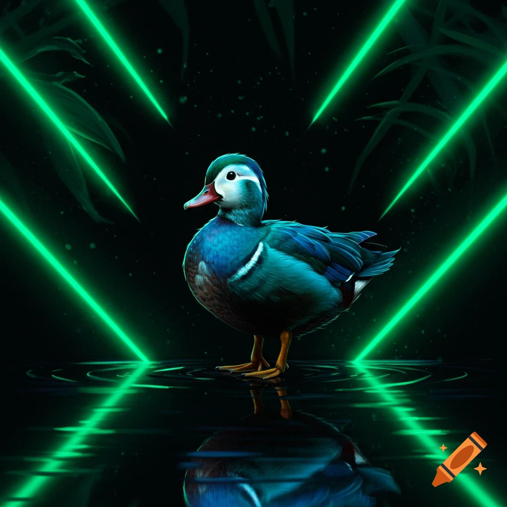 A vibrant duck stands in water, reflecting green neon lights in a dark, stylized setting with subtle foliage.