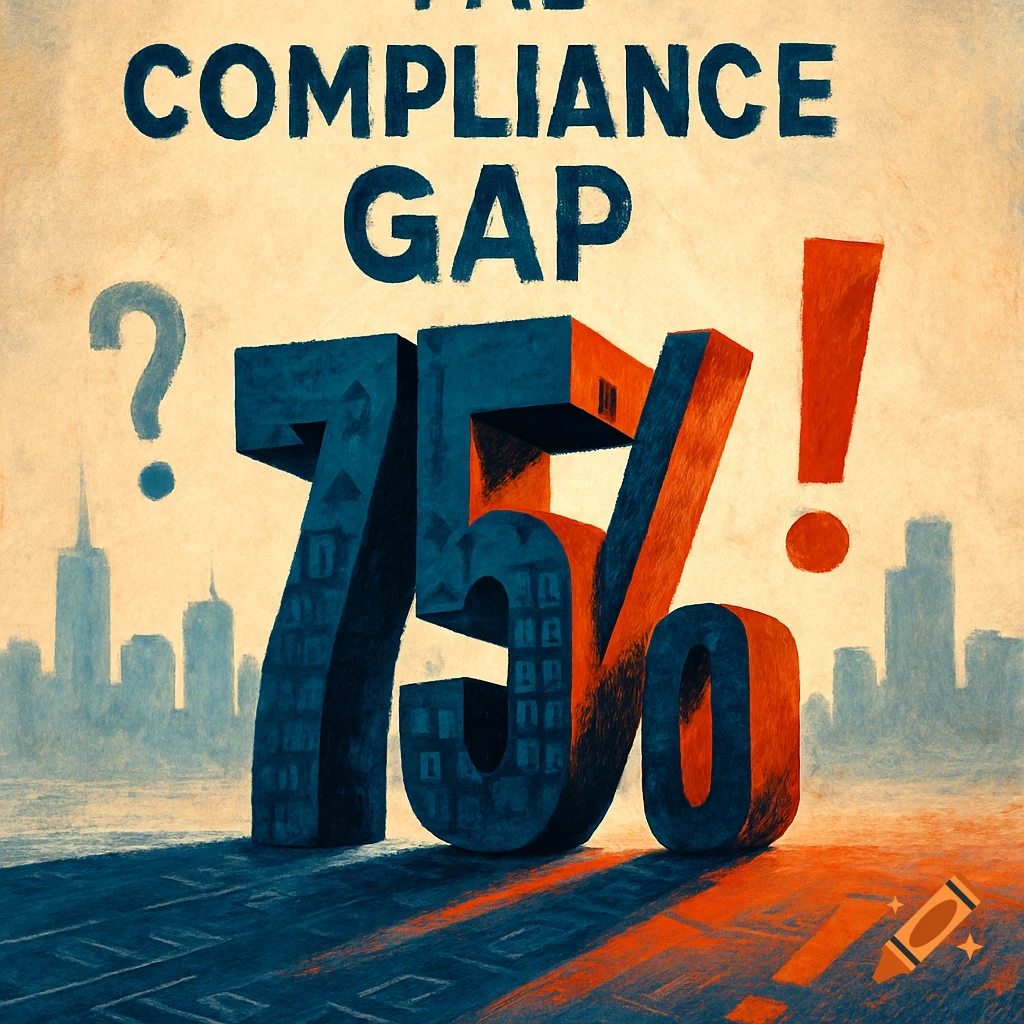 A bold graphic illustrating 'COMPLIANCE GAP' above large blue and red '75%' numbers, set against a silhouetted cityscape.