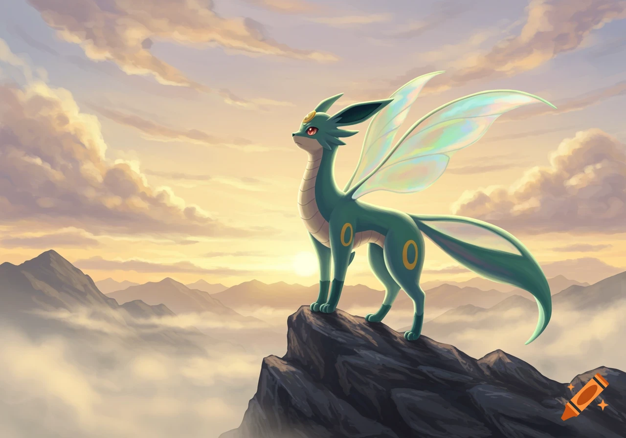 A majestic teal dragon-like creature with iridescent wings stands on a rocky mountain peak overlooking a cloudy landscape at sunset.