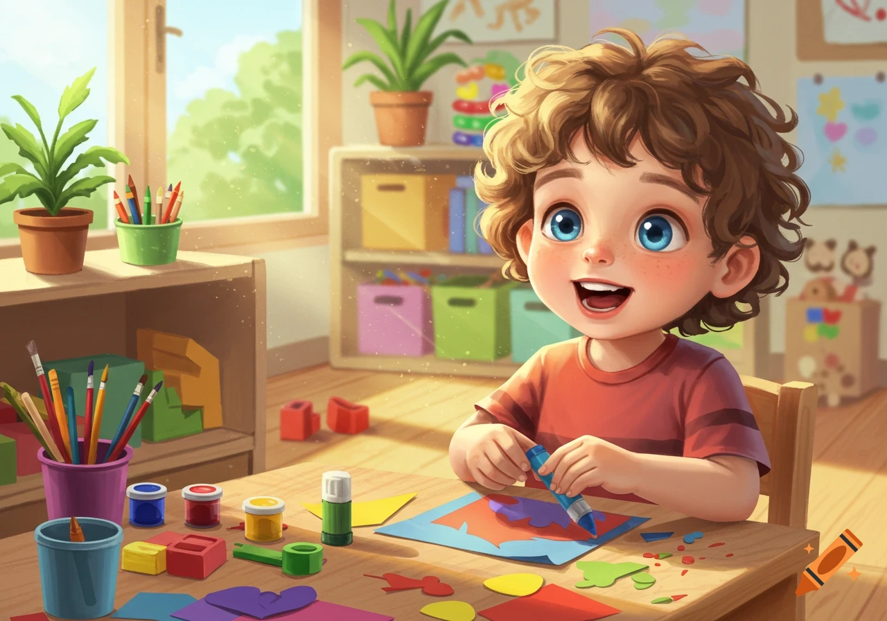 A happy cartoon boy with curly hair smiles while doing crafts with glue and colorful paper at a table in a sunny classroom.