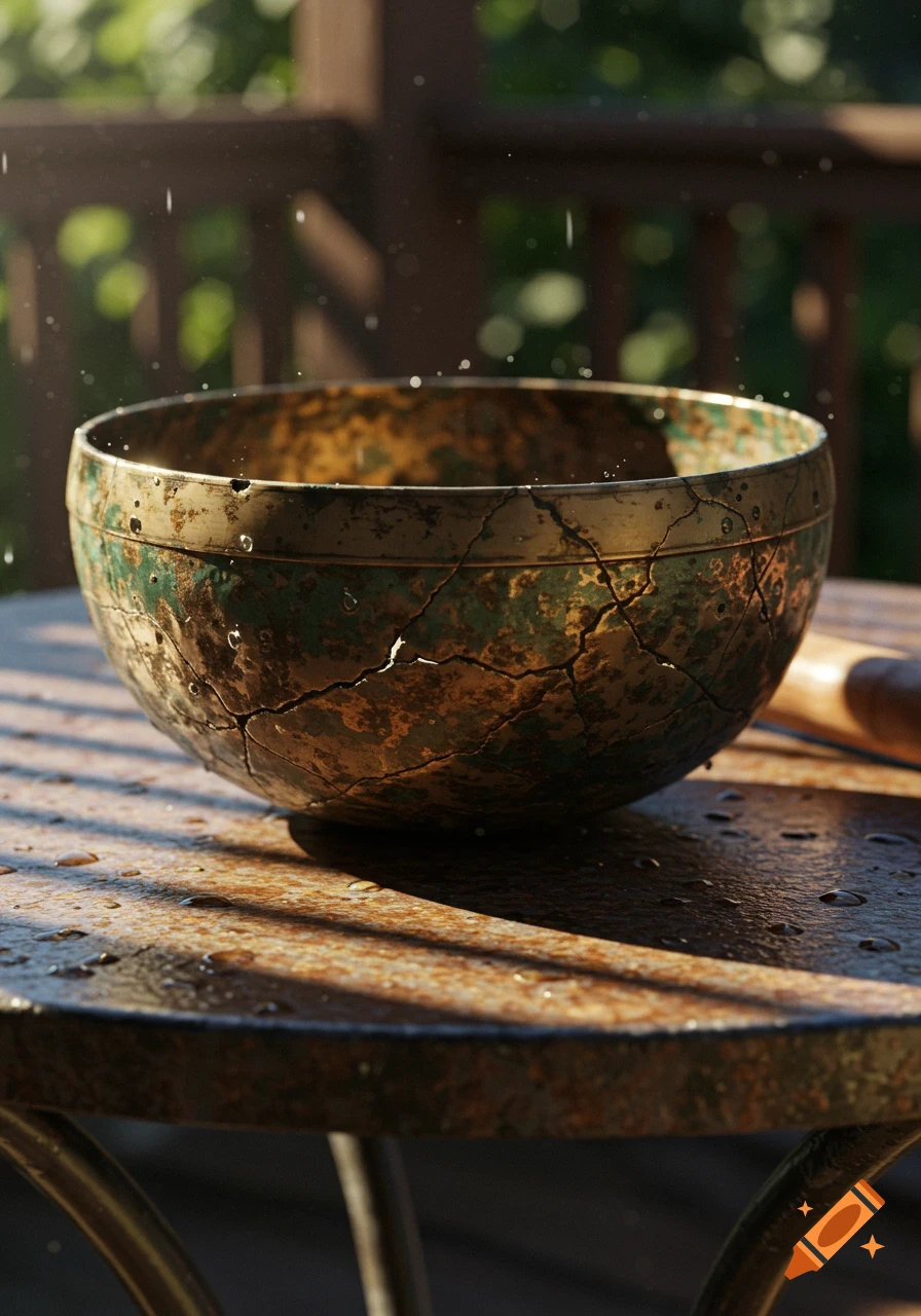 A cracked, oxidized metal singing bowl sits on a wet patio table under warm sunlight with rain drops falling, hyperrealistic.