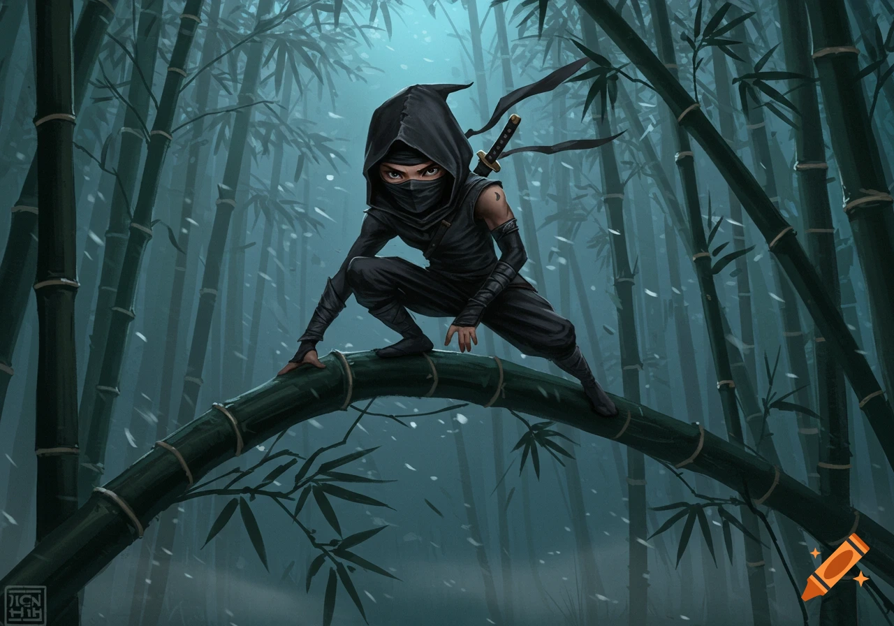 A ninja crouches on a bamboo stalk in a snowy bamboo forest. The ninja wears a black hooded outfit with a mask and carries a katana.