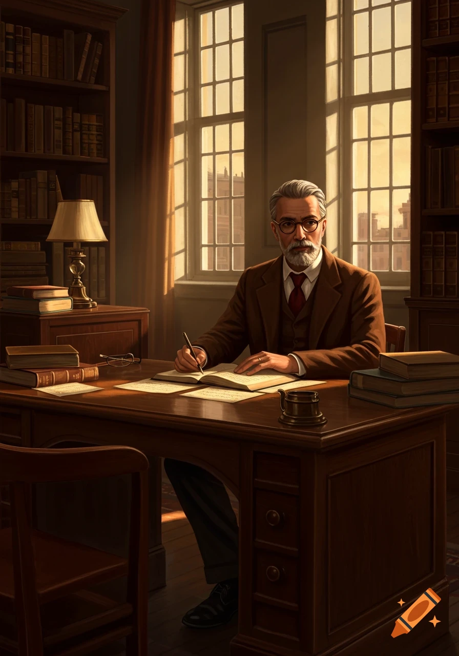 A distinguished man with a beard and glasses sits at a wooden desk in a sunlit library, writing in a book.