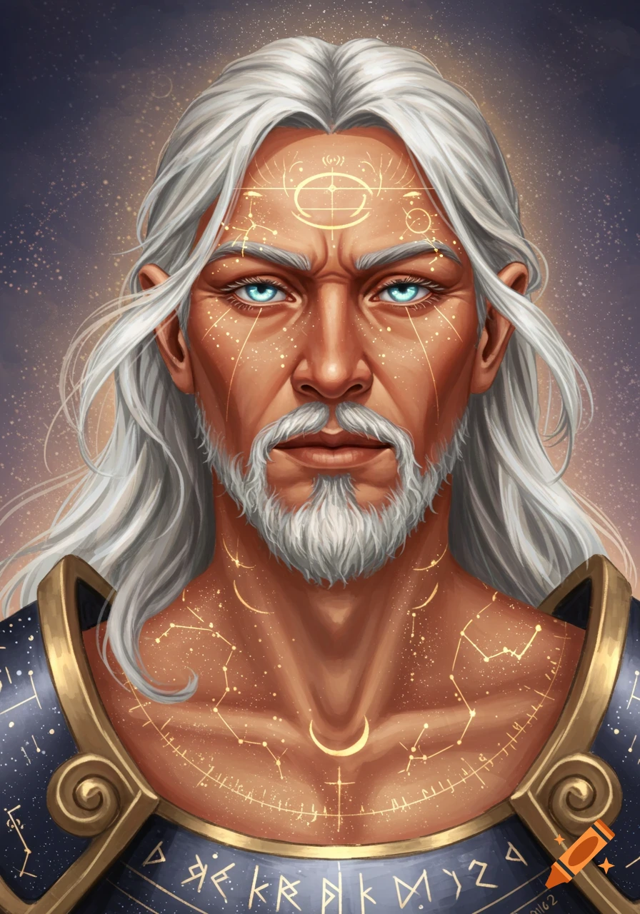 A close-up portrait of a majestic man with long white hair and beard, piercing blue eyes, and glowing golden celestial symbols across his face and neck. He wears dark, ornate armor.