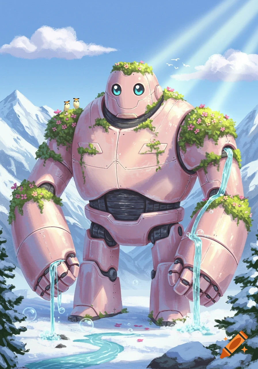 A friendly light pink robot covered in green vines and pink flowers stands in a snowy mountain landscape, with water pouring from its arms.