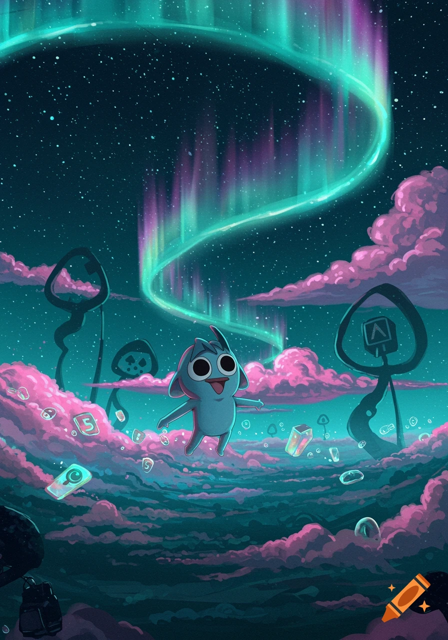 A cute blue cartoon creature with big eyes floats amidst pink clouds and glowing symbols under a vibrant green and purple aurora in a starry night sky.