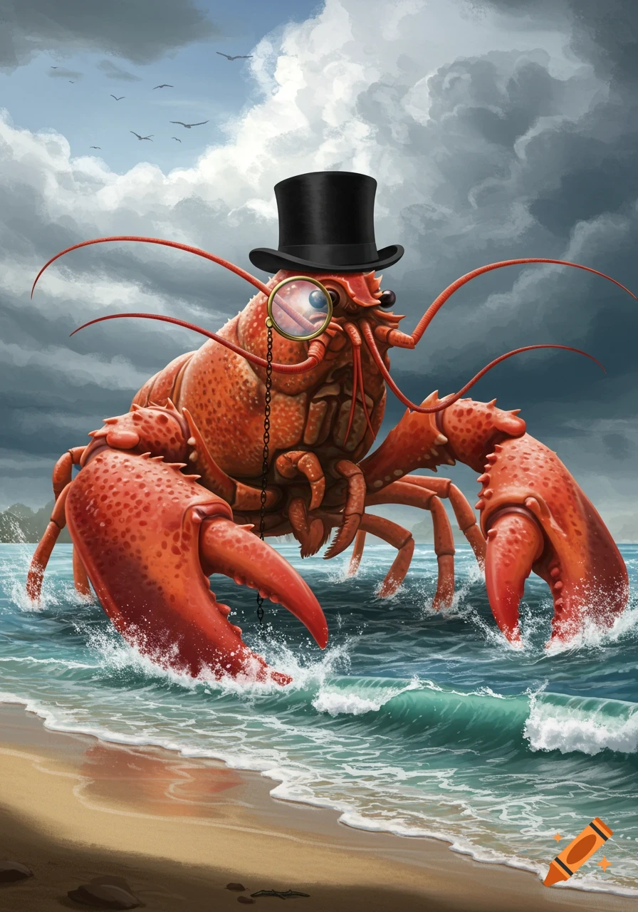 A giant red lobster wearing a black top hat and a golden monocle stands in ocean waves near a sandy beach under a cloudy sky.