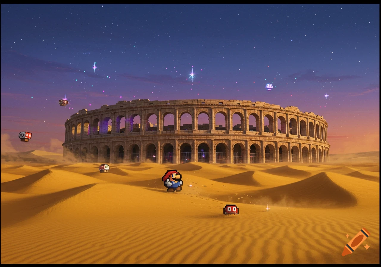 Pixelated Mario walks through a vast desert with sand dunes towards a large, ancient Roman Colosseum under a starry, twilight sky with sparkling stars.