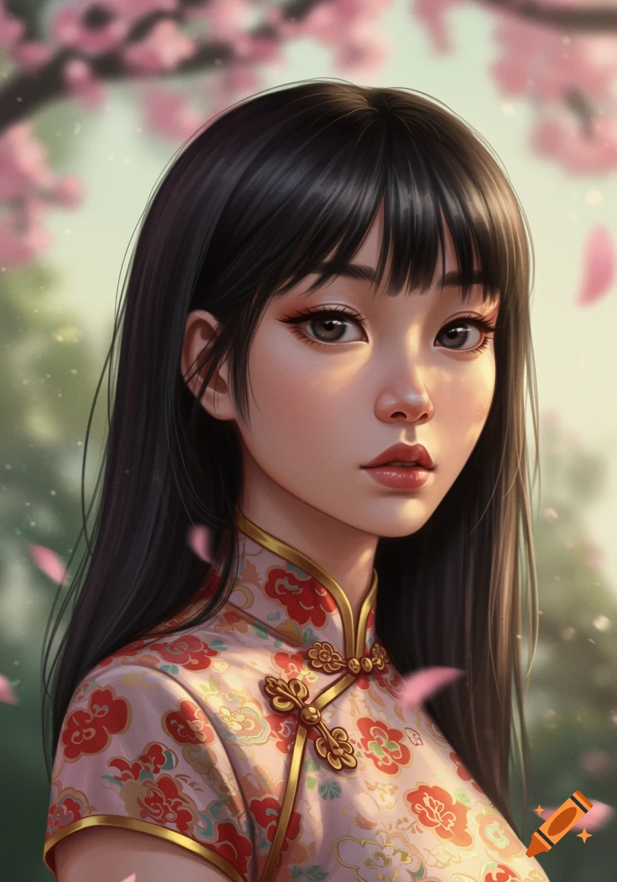 A fantasy portrait of a young Asian woman with long dark hair, wearing a pink floral dress, with cherry blossoms in the background.