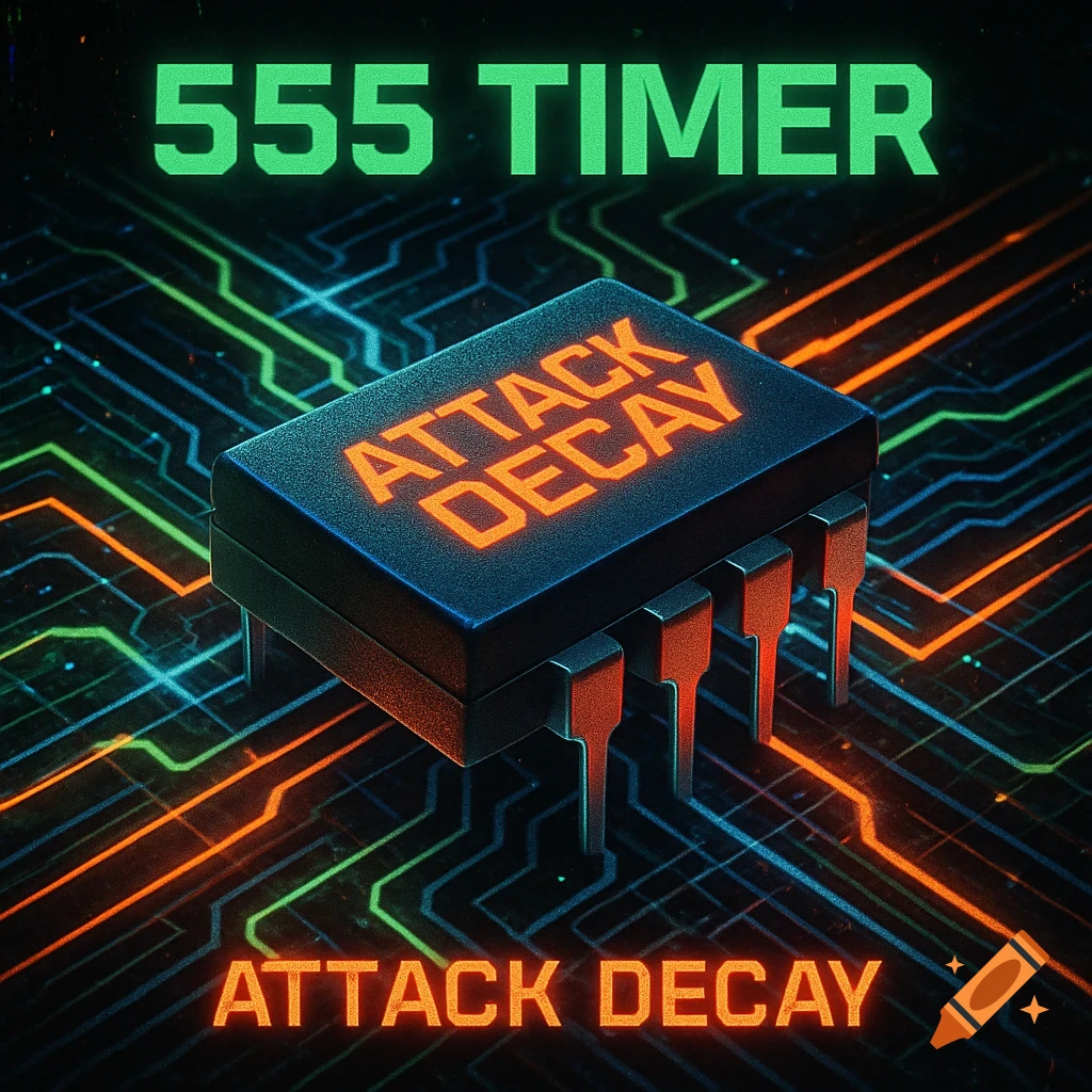 A digital image of a 555 timer integrated circuit chip with 'ATTACK DECAY' text, set against a neon circuit board background.