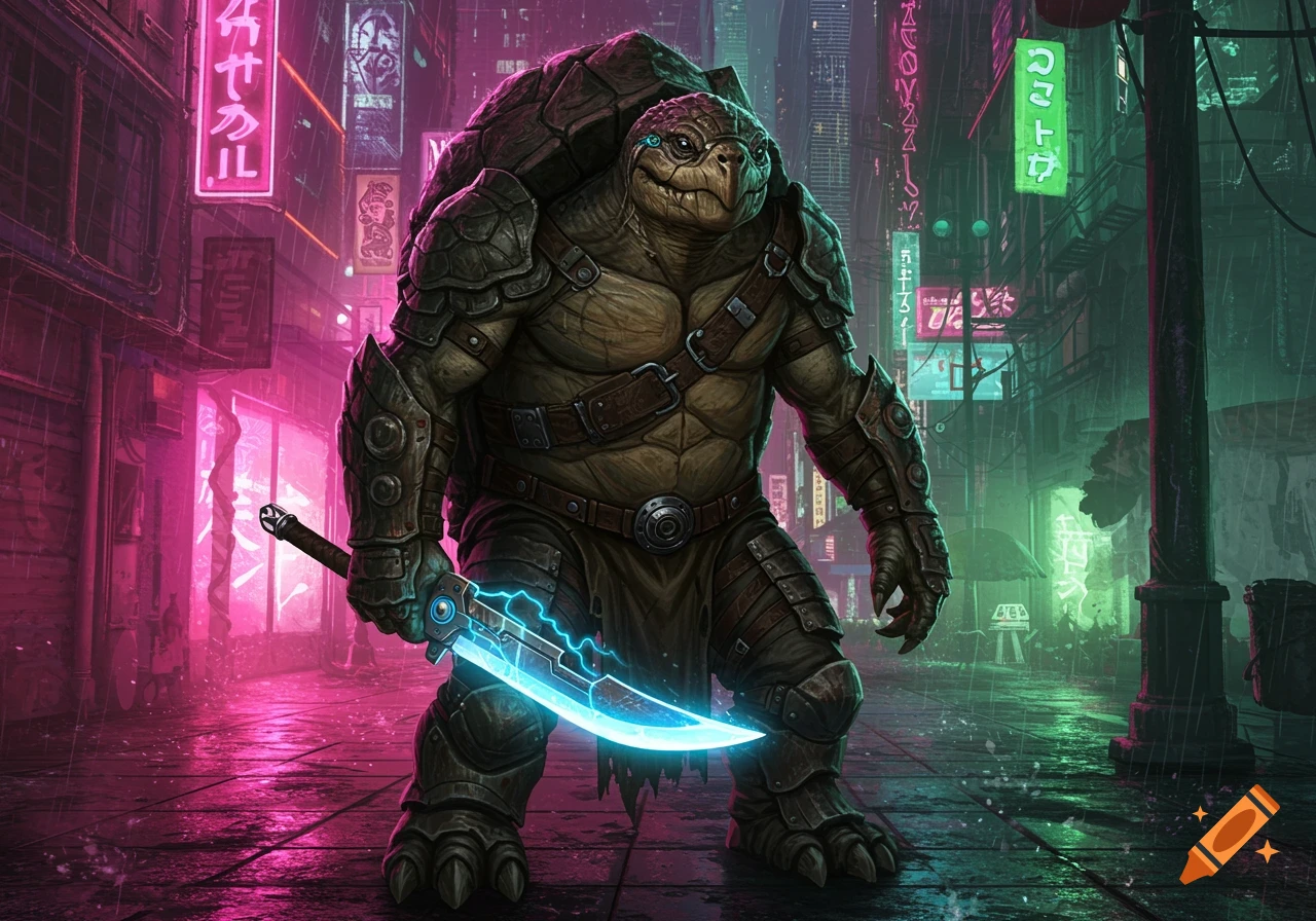 A hulking, armored turtle warrior holding a glowing blue sword stands in a rainy cyberpunk city street with neon signs.