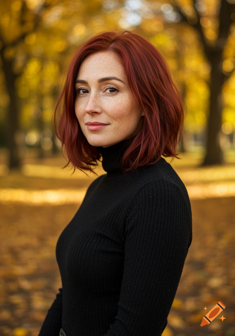 A photorealistic portrait of a woman with red hair and freckles, wearing a black turtleneck, standing in an autumn park with yellow leaves.