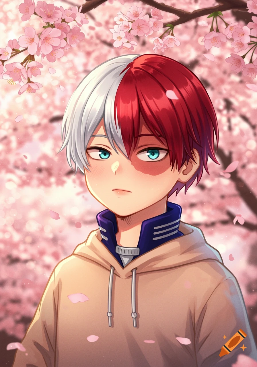 Anime illustration of Shoto Todoroki from My Hero Academia with half white and half red hair, wearing a beige hoodie, standing under pink cherry blossoms.