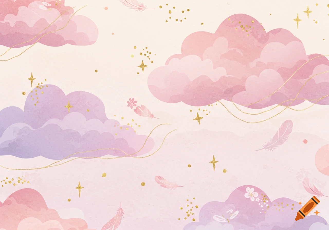 Whimsical pastel illustration of pink and purple clouds, golden stars, and feathers on a light background.