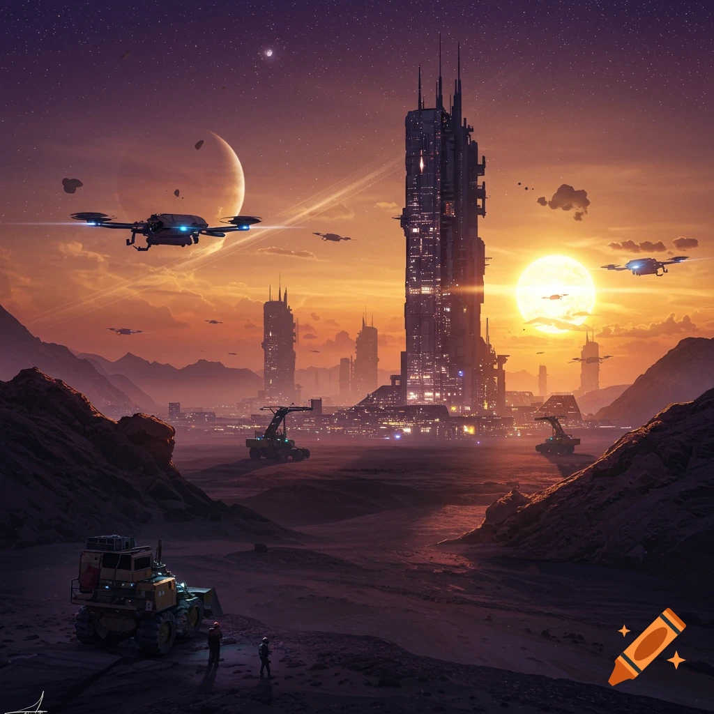 A futuristic space mining city with tall buildings, flying vehicles, and mining equipment on an alien planet at sunset.