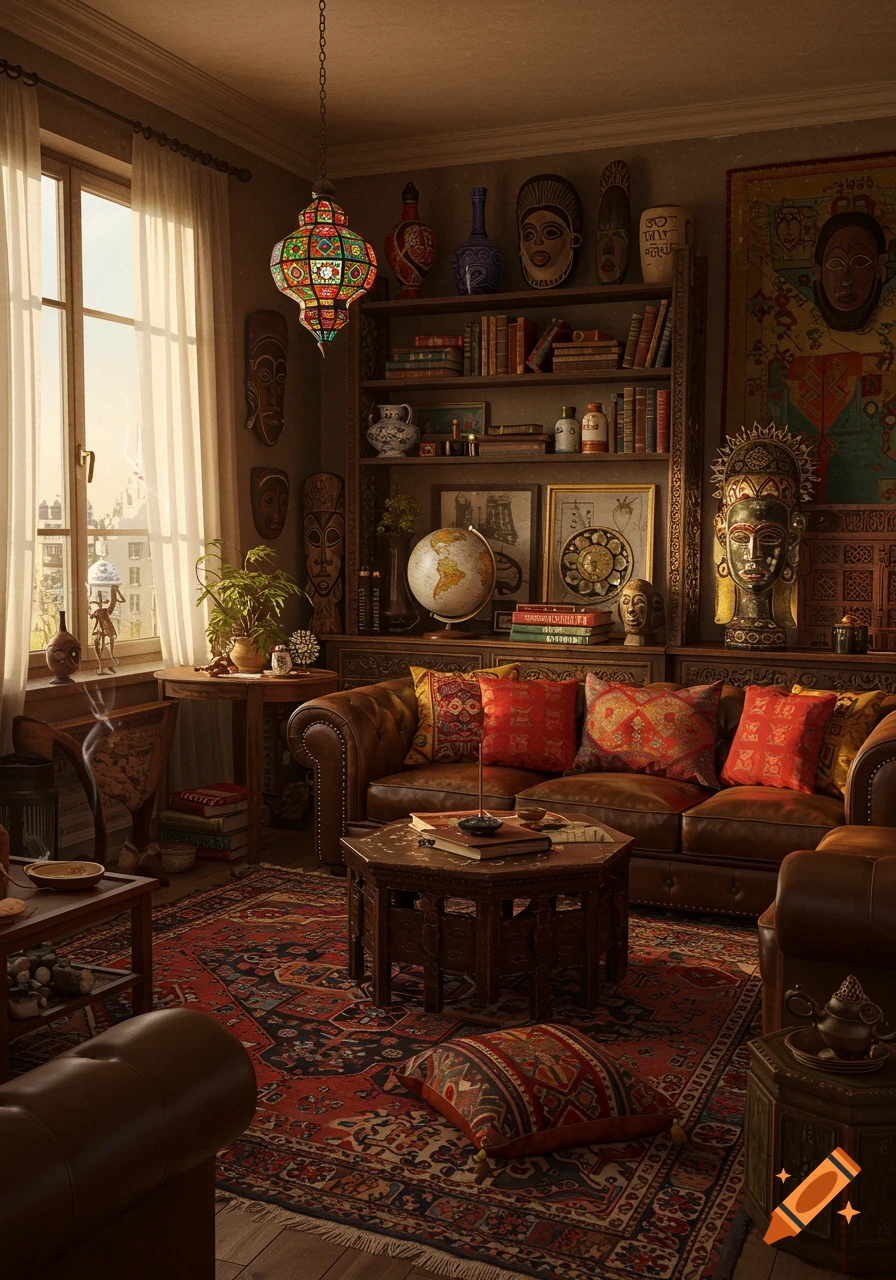 A richly decorated, sunlit living room with a brown leather sofa, ornate rug, a bookshelf, a globe, and tribal artifacts.
