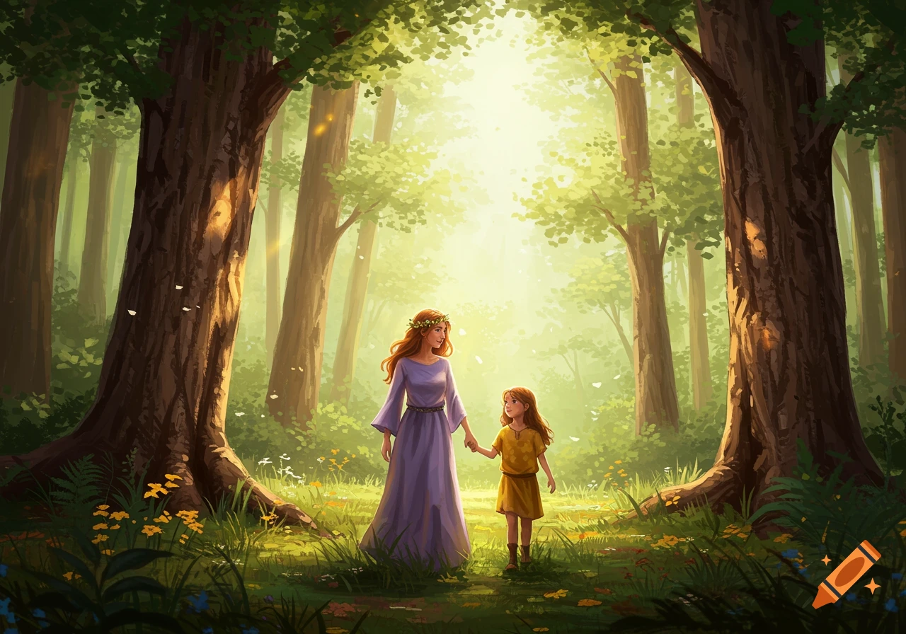 Digital painting of a mother and daughter holding hands, walking through a sunlit, vibrant green forest.