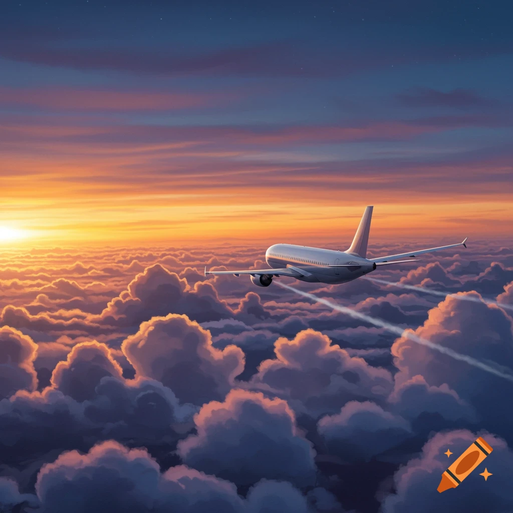 A white airplane flies above a vibrant cloudscape at sunset, with orange, pink, and purple skies.