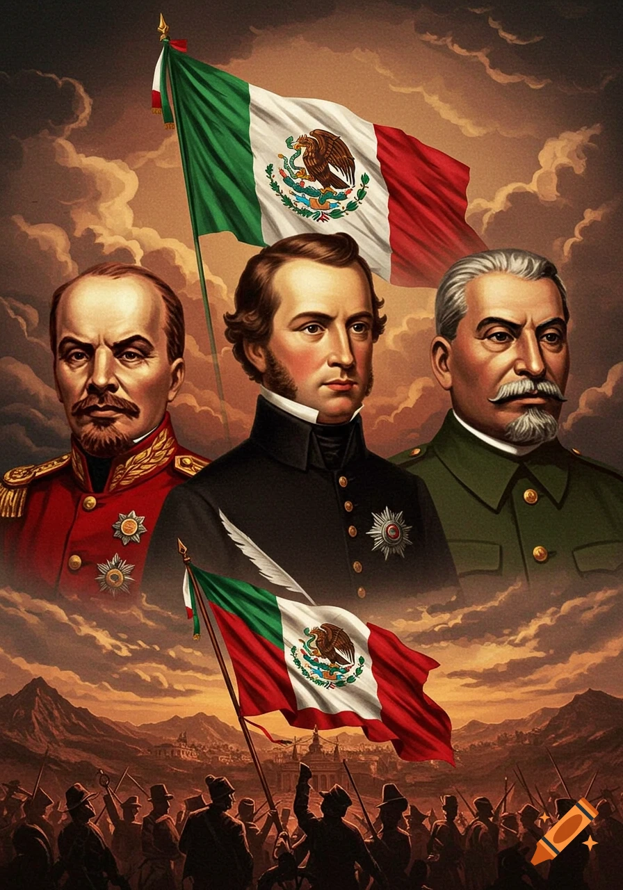 A patriotic illustration featuring three historical leaders' busts floating above a battlefield, with Mexican flags waving in the clouds and among the fighting soldiers below. The leaders depicted are Vladimir Lenin, Agustín de Iturbide, and Joseph Stalin.