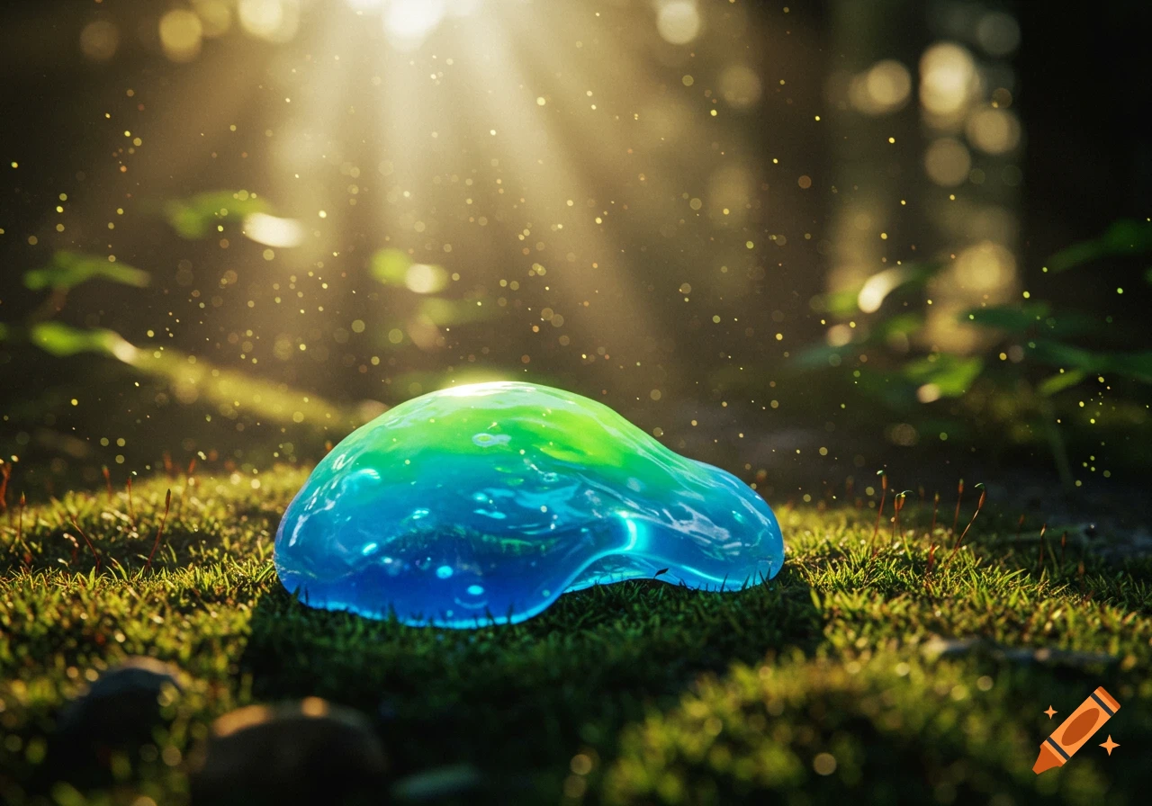 A glowing, amorphous blue and green slime creature rests on moss, illuminated by sunbeams in a dappled forest.
