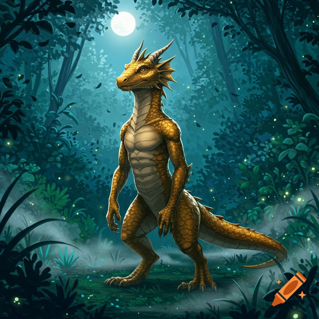 A golden bipedal dragon-like creature stands in a dark, moonlit forest with glowing fireflies. Fantasy illustration.