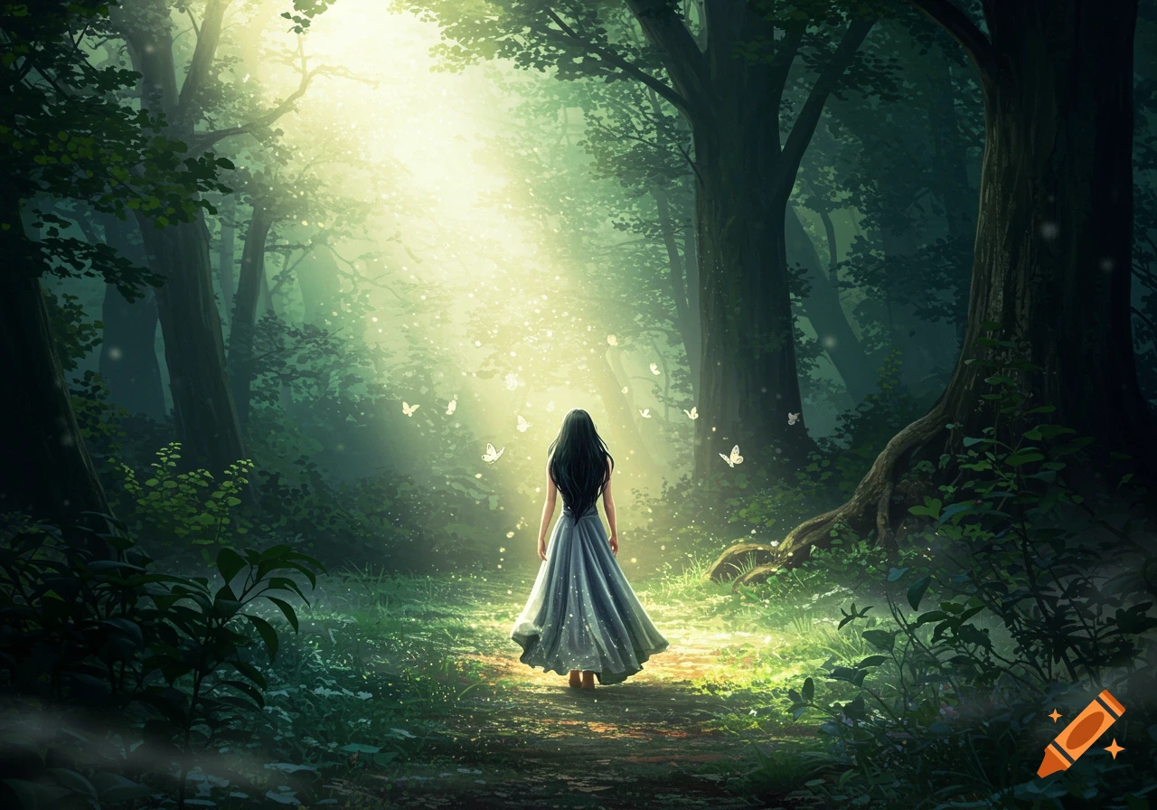 A woman in a long dress walks away from the viewer into a sunlit, magical forest with butterflies.
