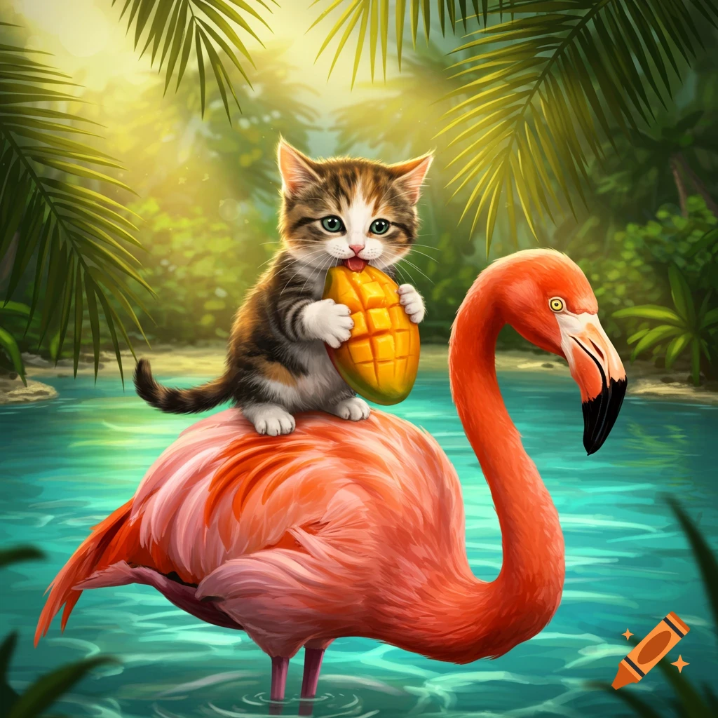 A cute calico kitten sits on a pink flamingo's back in tropical water, eating a mango with palm trees in the background.