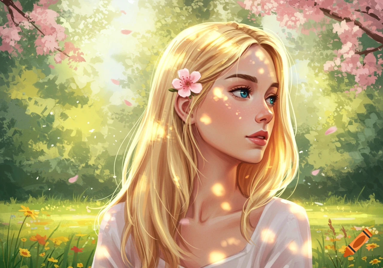 An illustration of a blonde woman with a flower behind her ear, looking away in a sunny garden.