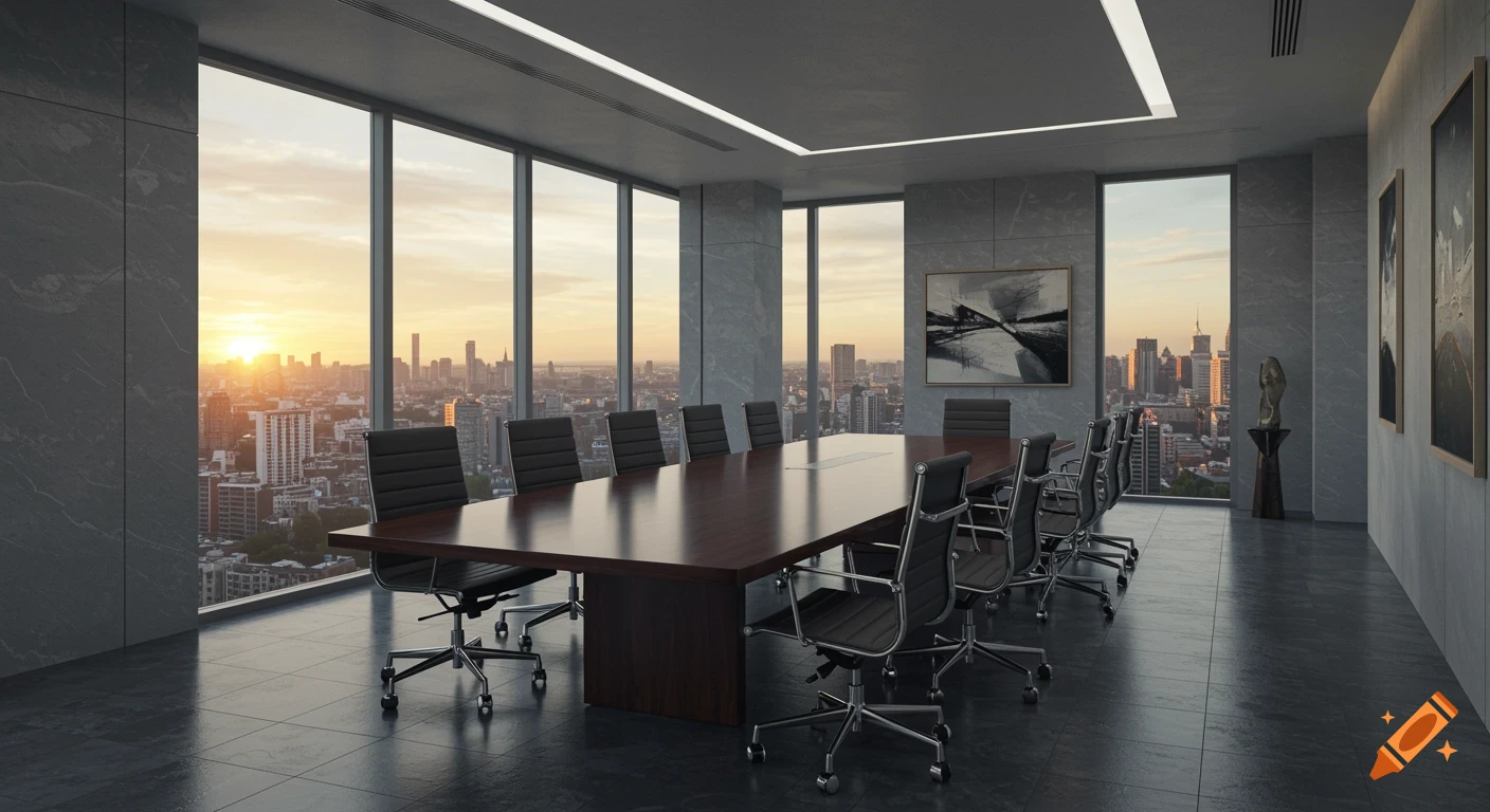 A modern corporate boardroom with a large table and chairs, overlooking a city skyline at sunset.