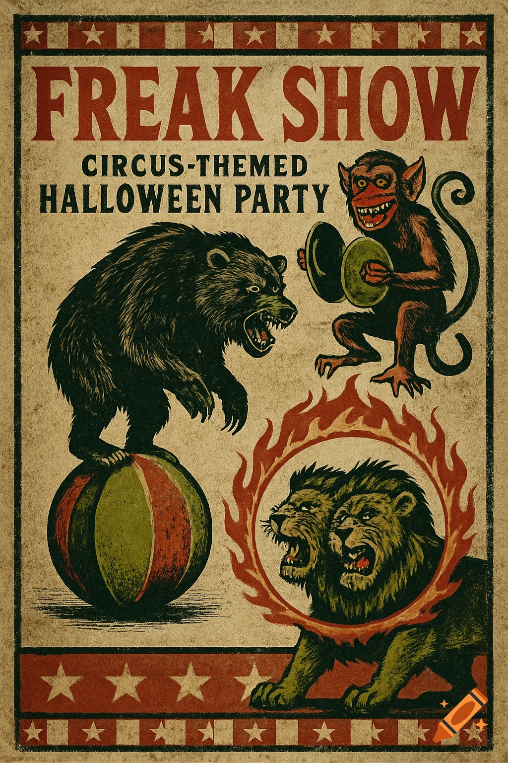Vintage circus poster for a Halloween party featuring a bear on a ball, monkey with cymbals, and a two-headed lion in a fiery hoop. Text reads "FREAK SHOW CIRCUS-THEMED HALLOWEEN PARTY".
