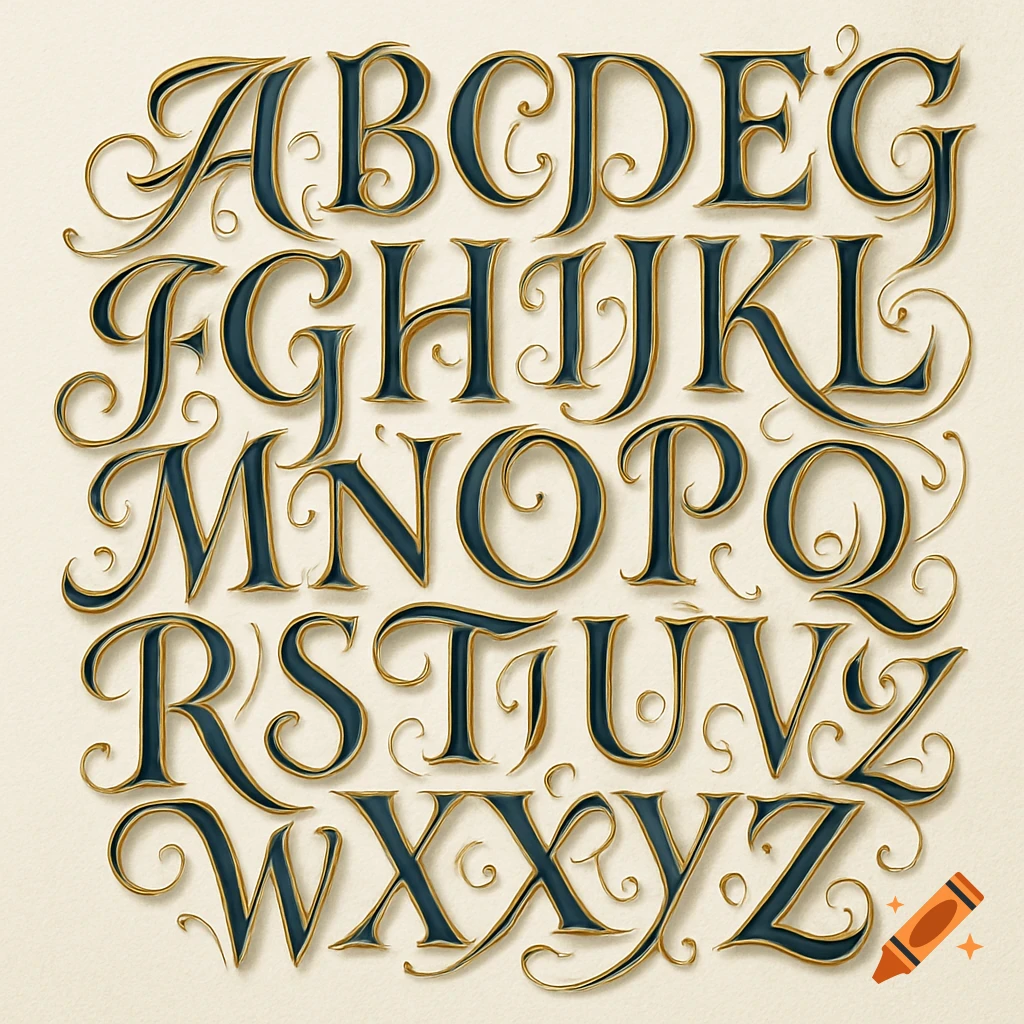 Stylized black and gold calligraphic uppercase alphabet letters on a light background.