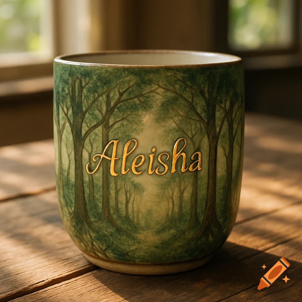 A photorealistic close-up of a ceramic cup with a painted green forest scene and the name 'Aleisha' in golden script, resting on a wooden table.