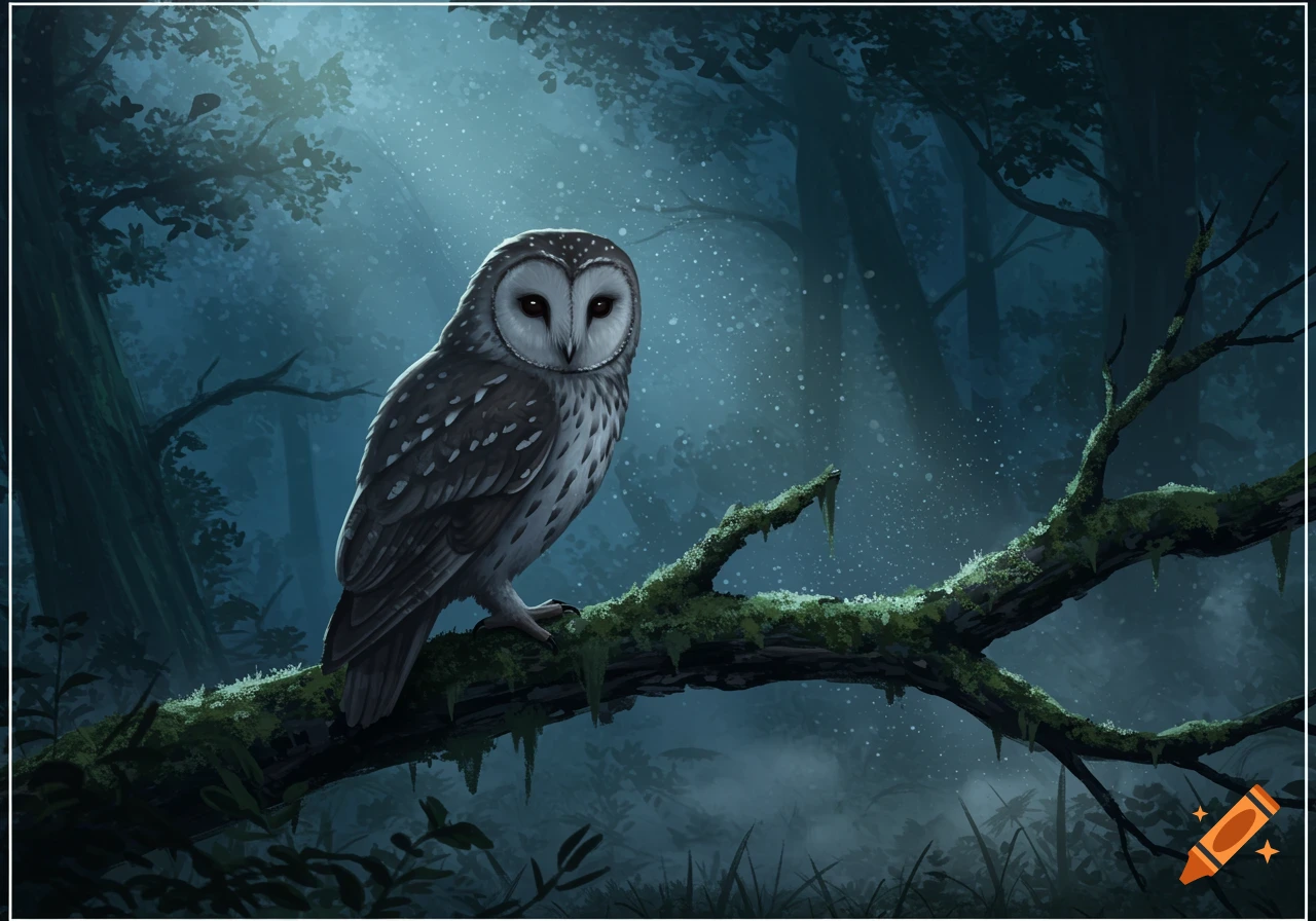 A detailed illustration of an owl perched on a mossy branch in a dark, moonlit forest, with light rays filtering through the trees.