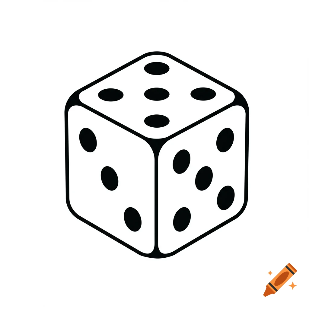 A black and white clip art illustration of a single die showing faces with 5, 3, and 6 pips.