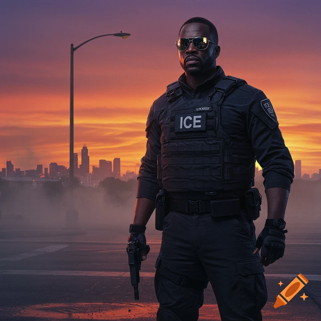 A man in a black tactical vest with "ICE" written on it and sunglasses, holding a pistol, stands in a street with a city skyline at sunset.