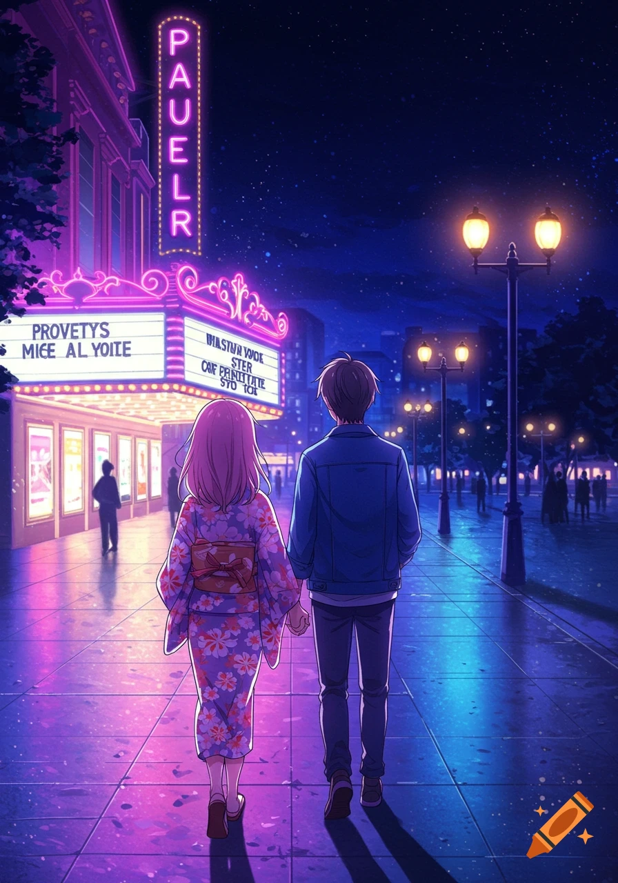 Back view of an anime couple walking hand-in-hand down a neon-lit city street at night, passing a movie theater.