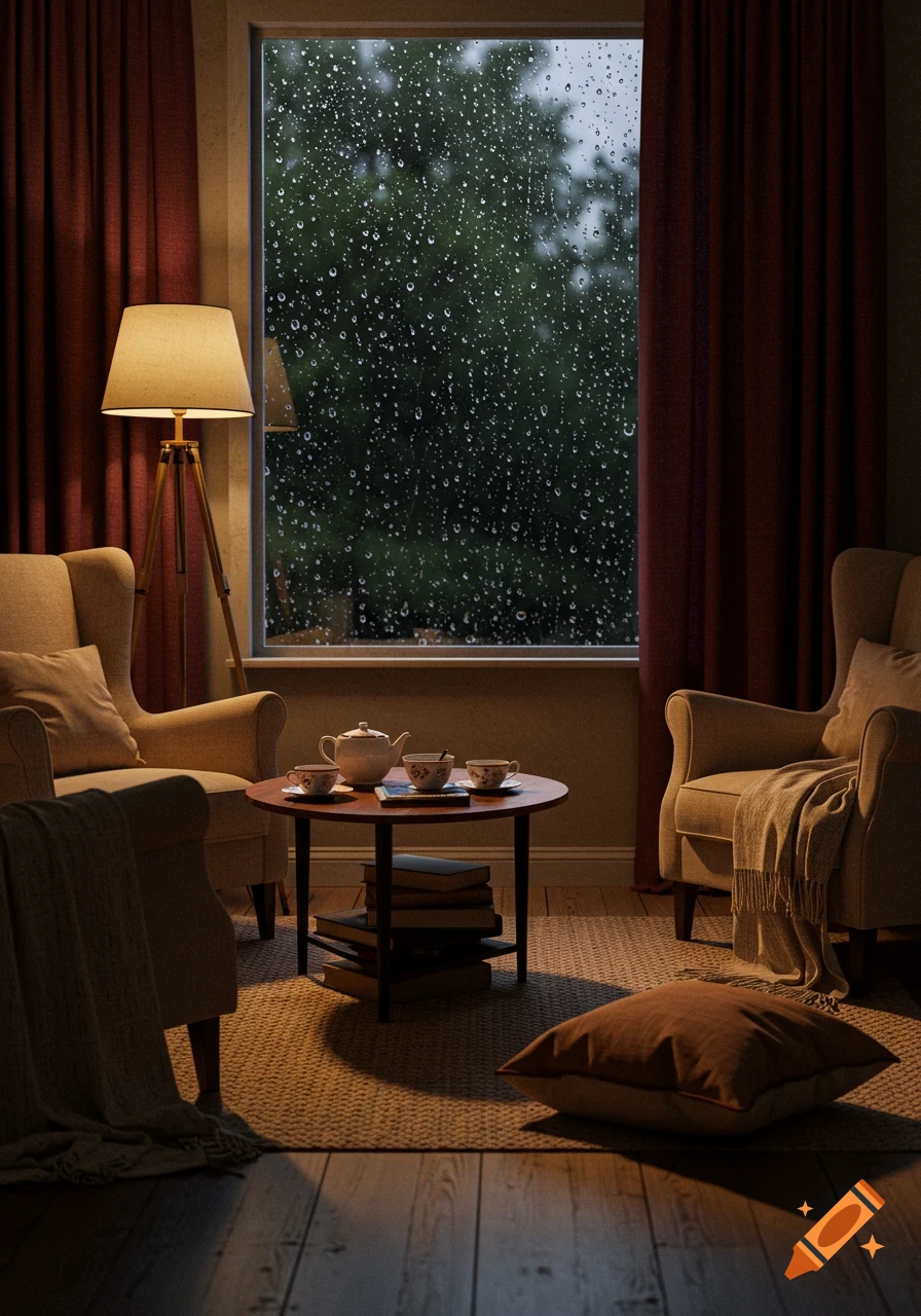 A cozy living room with armchairs, a tea set on a table, and a floor lamp, looking out a window with raindrops in a photorealistic style.