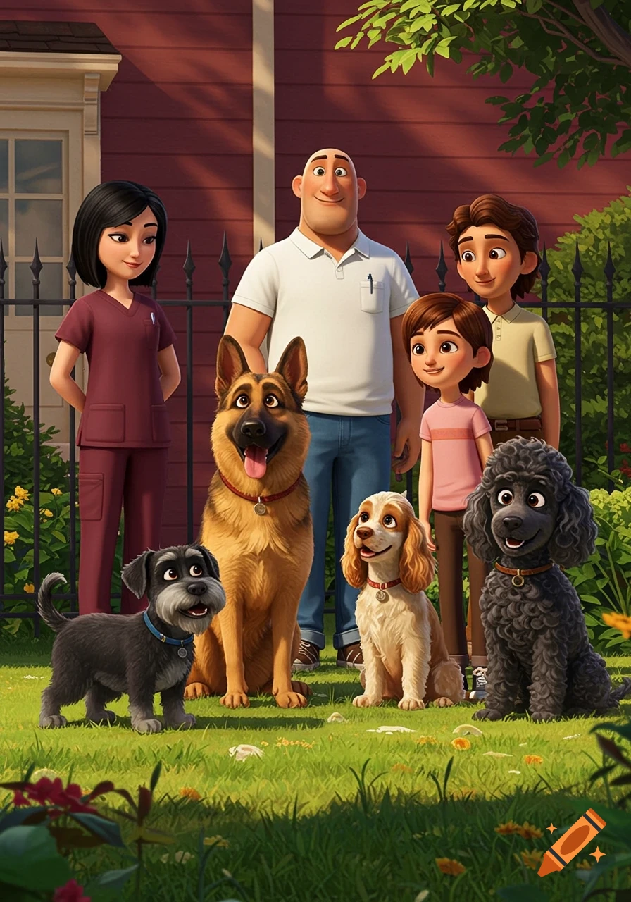 A Pixar-style family with two adults, two children, and four diverse dogs smiling in a garden in front of a house.