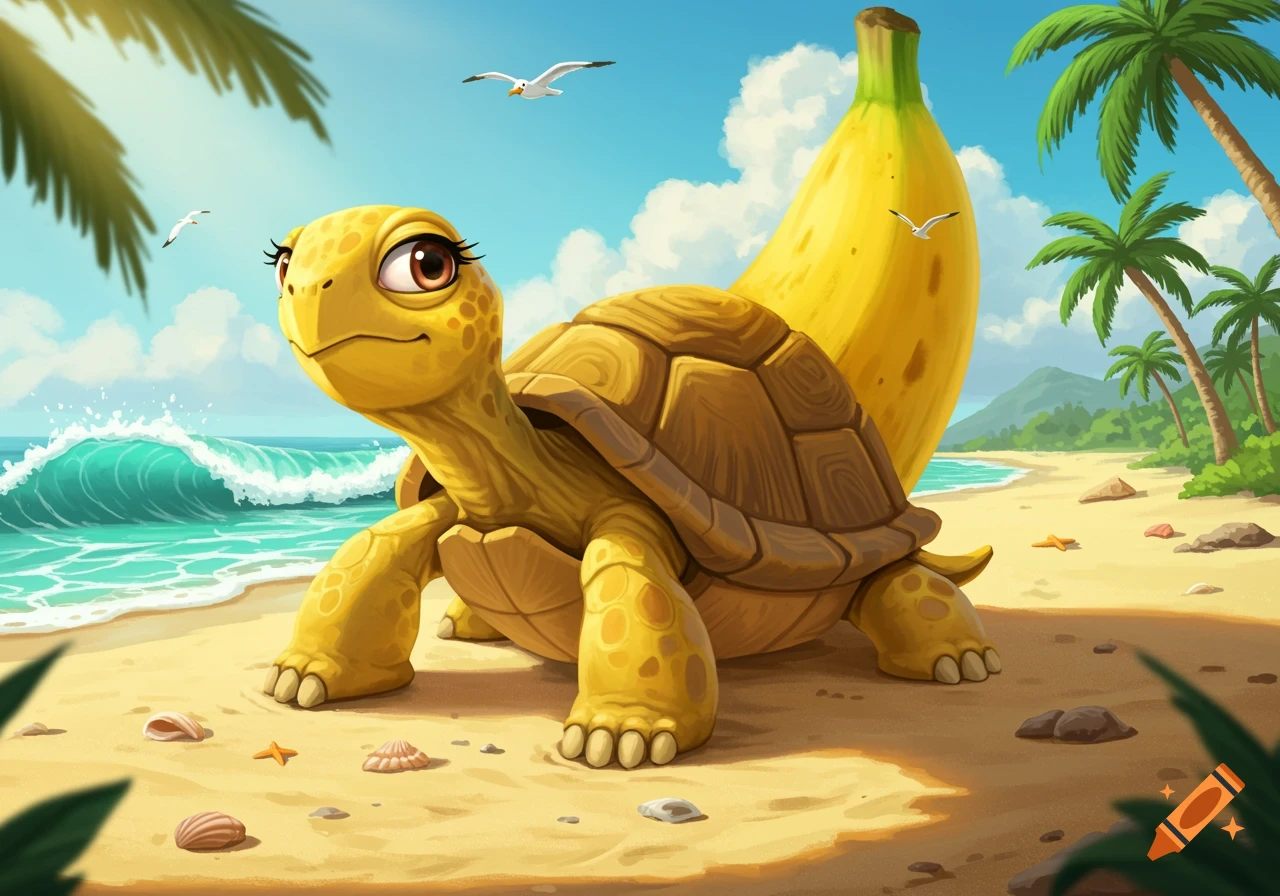 A vibrant cartoon yellow turtle with a banana shell stands on a sunny beach with ocean waves and palm trees.