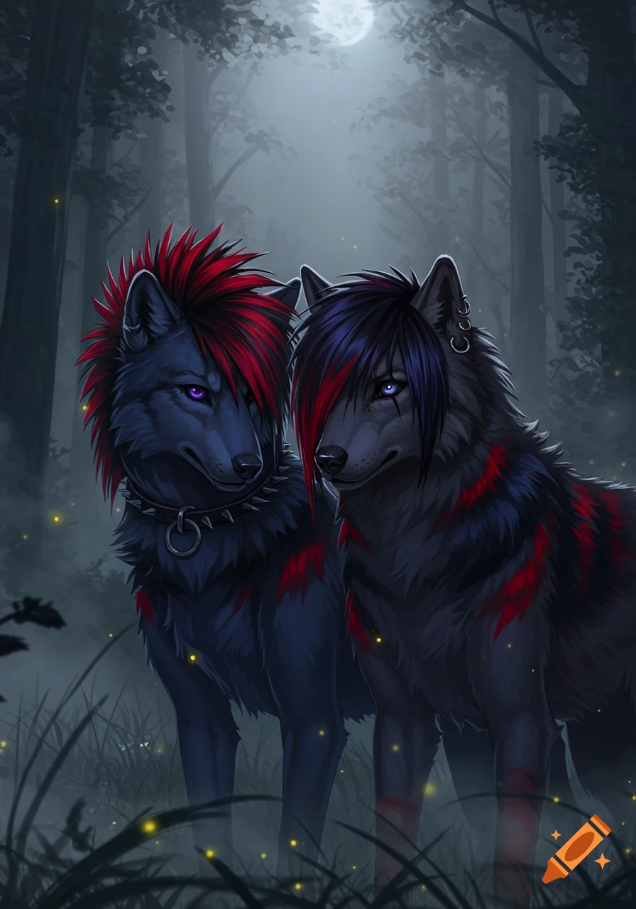 Two emo wolves with colorful hair and piercings stand in a mystical, foggy forest under a full moon, in an illustrative style.