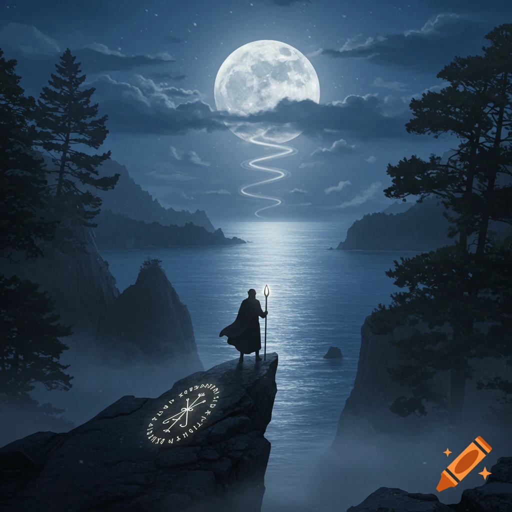 A silhouetted figure in a cloak holds a glowing staff, standing on a cliff overlooking a moonlit sea, with a large full moon above.