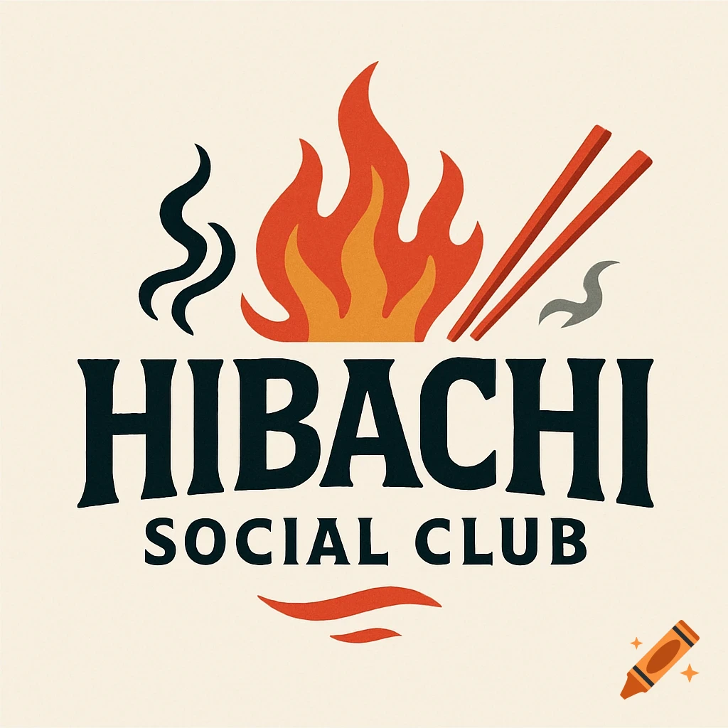 A logo for "Hibachi Social Club" featuring stylized orange flames and red chopsticks above the dark text, on a light background.