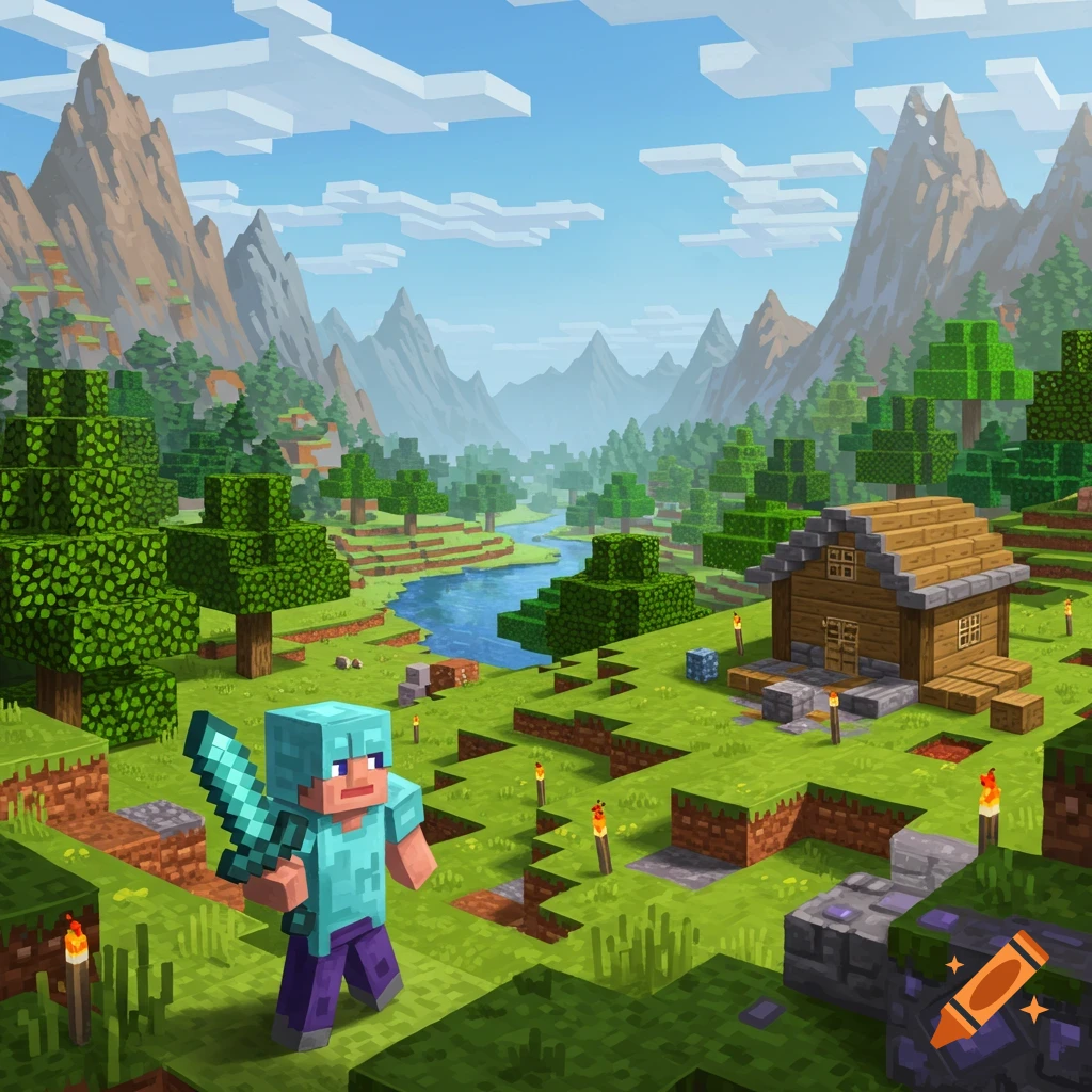 A blocky character with a sword stands in a lush Minecraft-style landscape with a wooden house, river, trees, and mountains under a blue sky.
