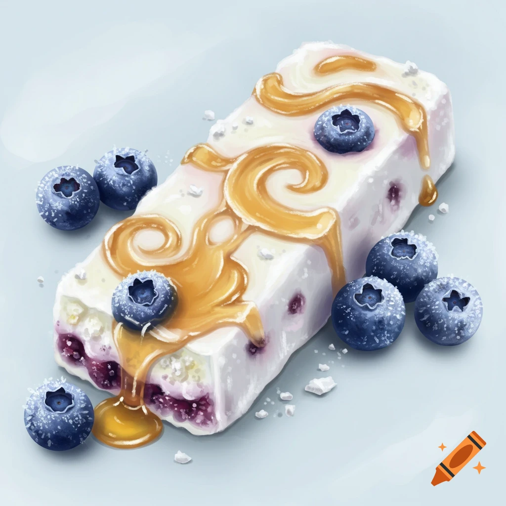 A frozen yogurt bar with honey drizzle, fresh blueberries, and scattered frosty bits in an illustrative style.