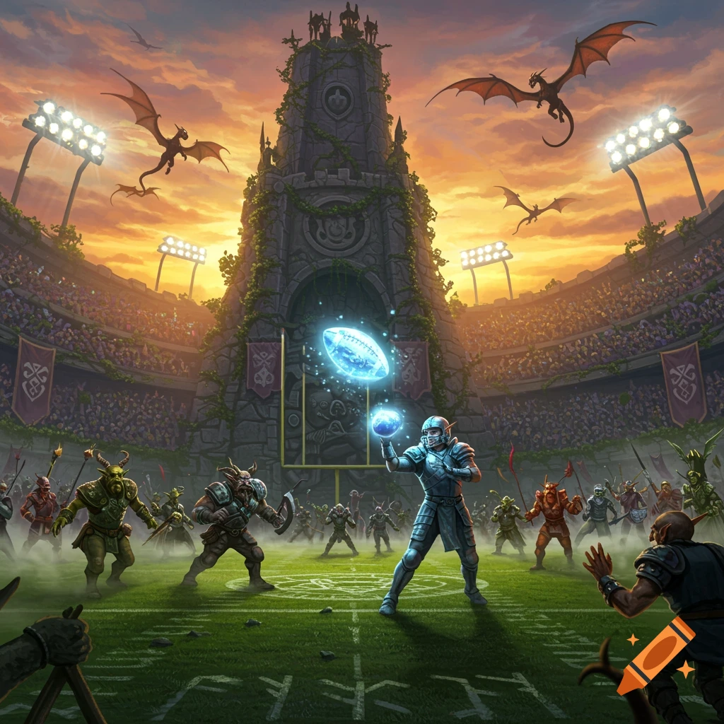 A knight-like player with a glowing football faces orc opponents in a fantasy stadium with a towering castle. Dragons fly at sunset.