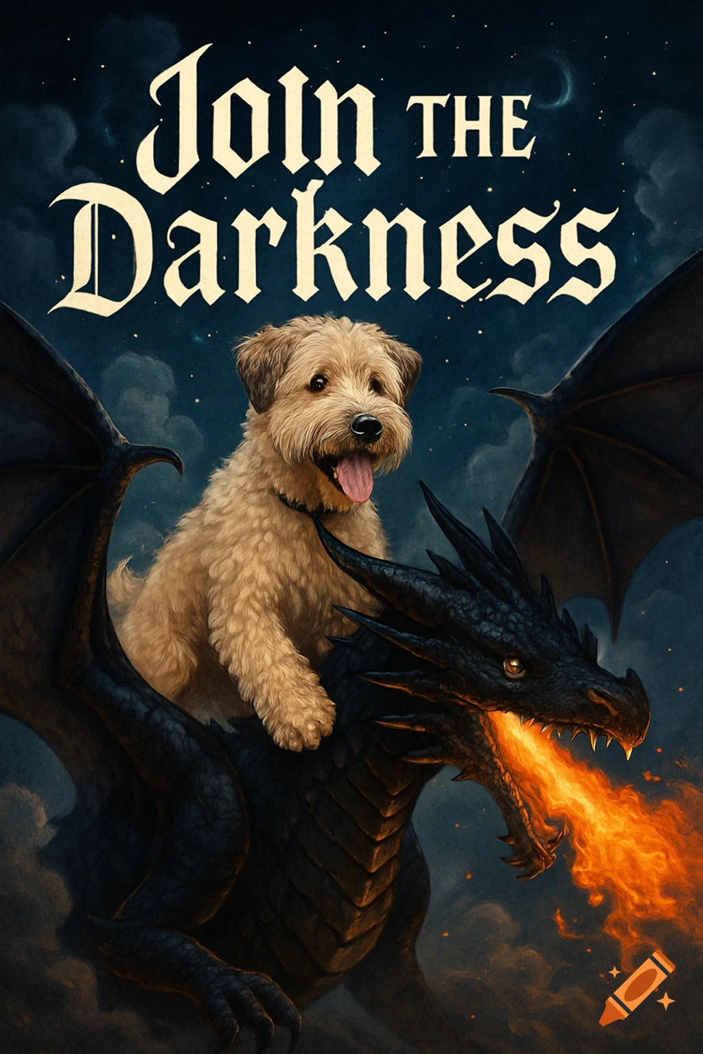 A fluffy wheaten terrier rides on the back of a black fire-breathing dragon under a dark, starry sky. The text "Join THE Darkness" is above them.