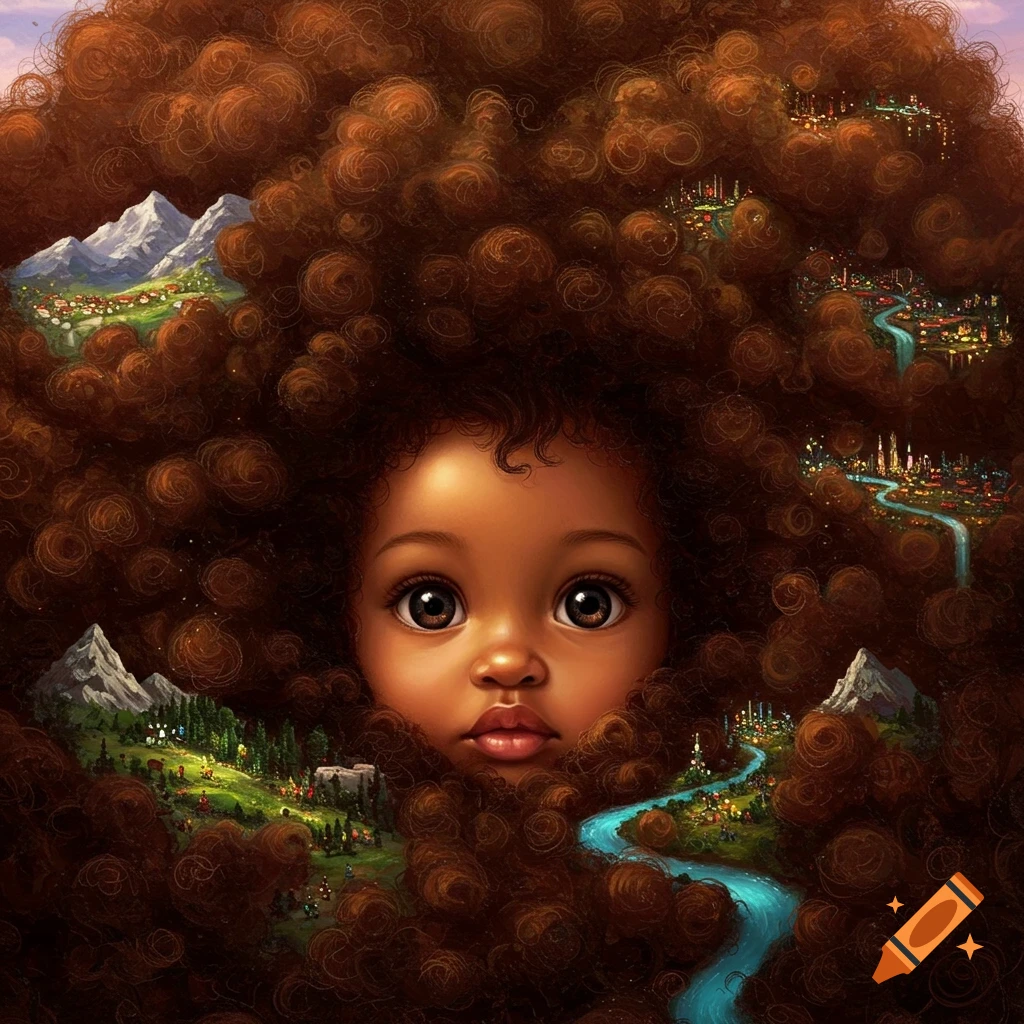 Close-up of a baby's face surrounded by a large afro, which contains miniature landscapes with mountains, towns, and rivers.