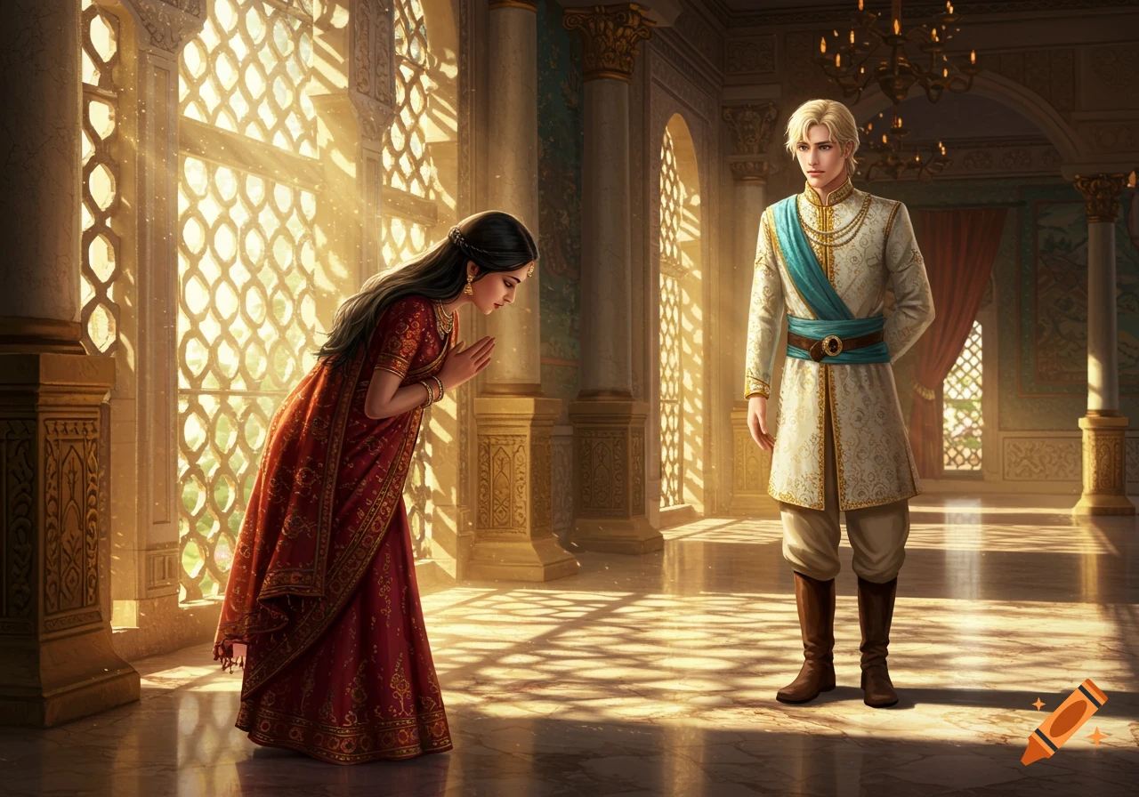 An Indian woman in a red sari bows before a blonde prince in a white and gold tunic in a grand, sunlit palace hall.