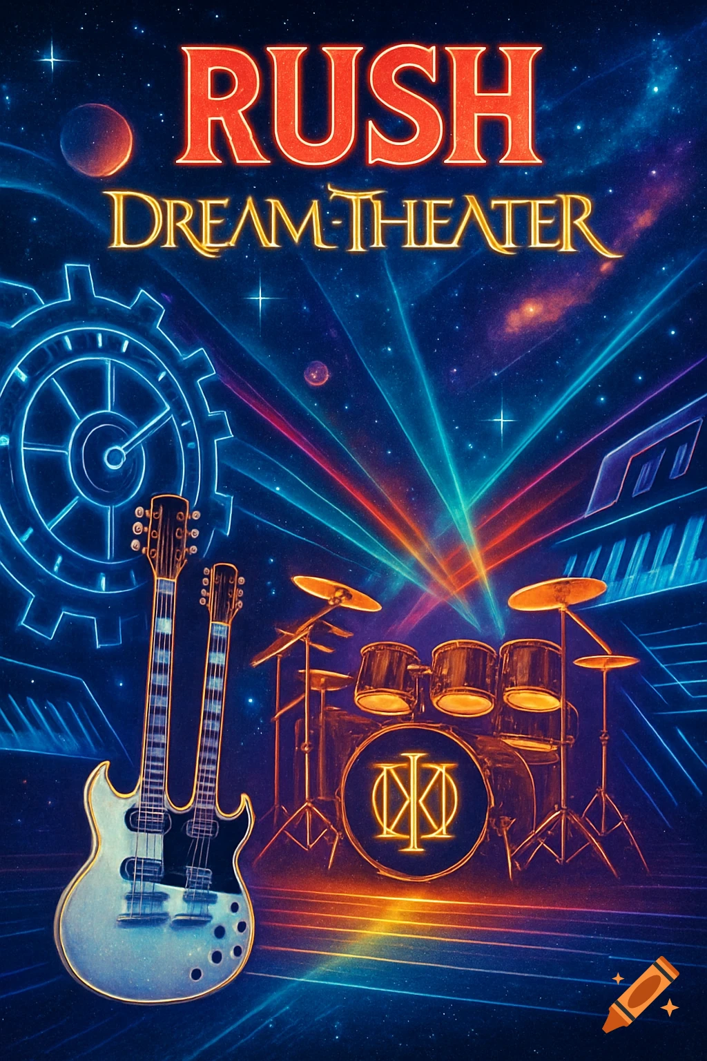 Vibrant concert flyer for Rush and Dream Theater with a double-neck guitar, drums, keyboard, and laser beams against a starry space background.